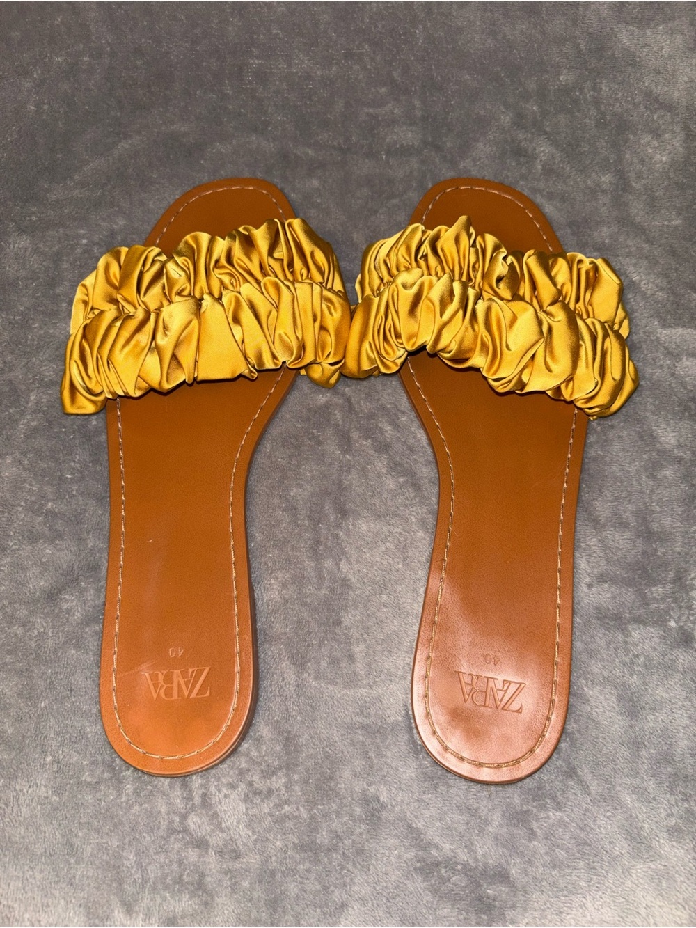 ZARA Mustard Yellow Ruched Satin Slide Sandals